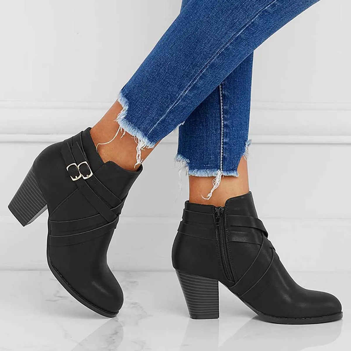 Crisscross Buckle Chunky Heel Ankle Boots Side Zipper Booties sold by Tinstree product image thumbnail 2
