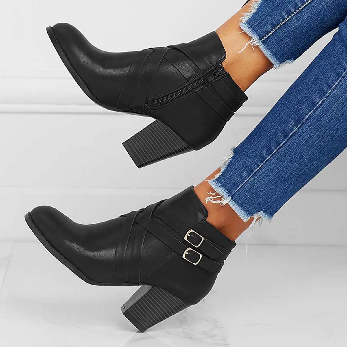 Crisscross Buckle Chunky Heel Ankle Boots Side Zipper Booties sold by Tinstree product image thumbnail 5