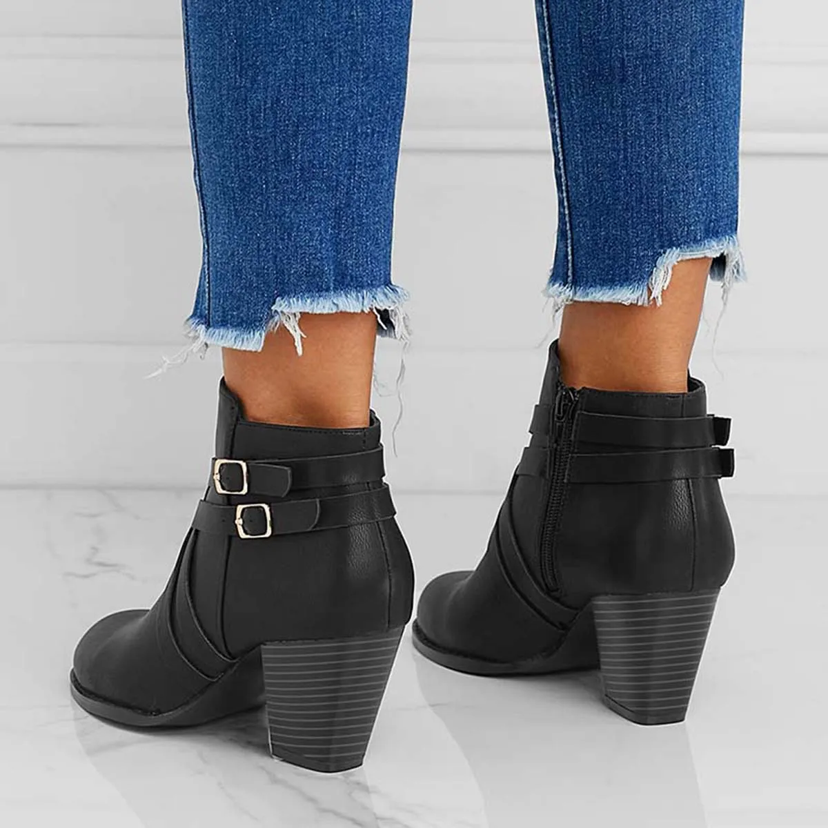 Crisscross Buckle Chunky Heel Ankle Boots Side Zipper Booties sold by Tinstree product image thumbnail 4