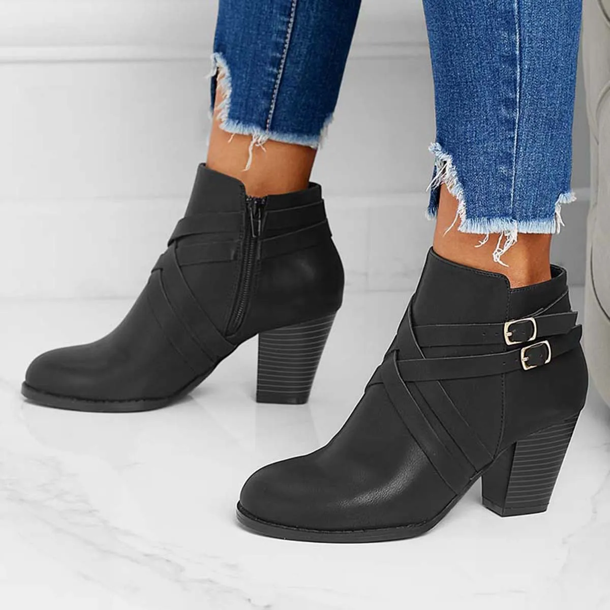Crisscross Buckle Chunky Heel Ankle Boots Side Zipper Booties sold by Tinstree product image thumbnail 3