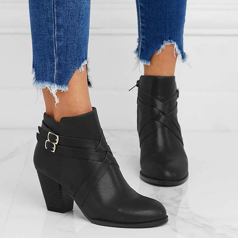 Crisscross Buckle Chunky Heel Ankle Boots Side Zipper Booties sold by Tinstree