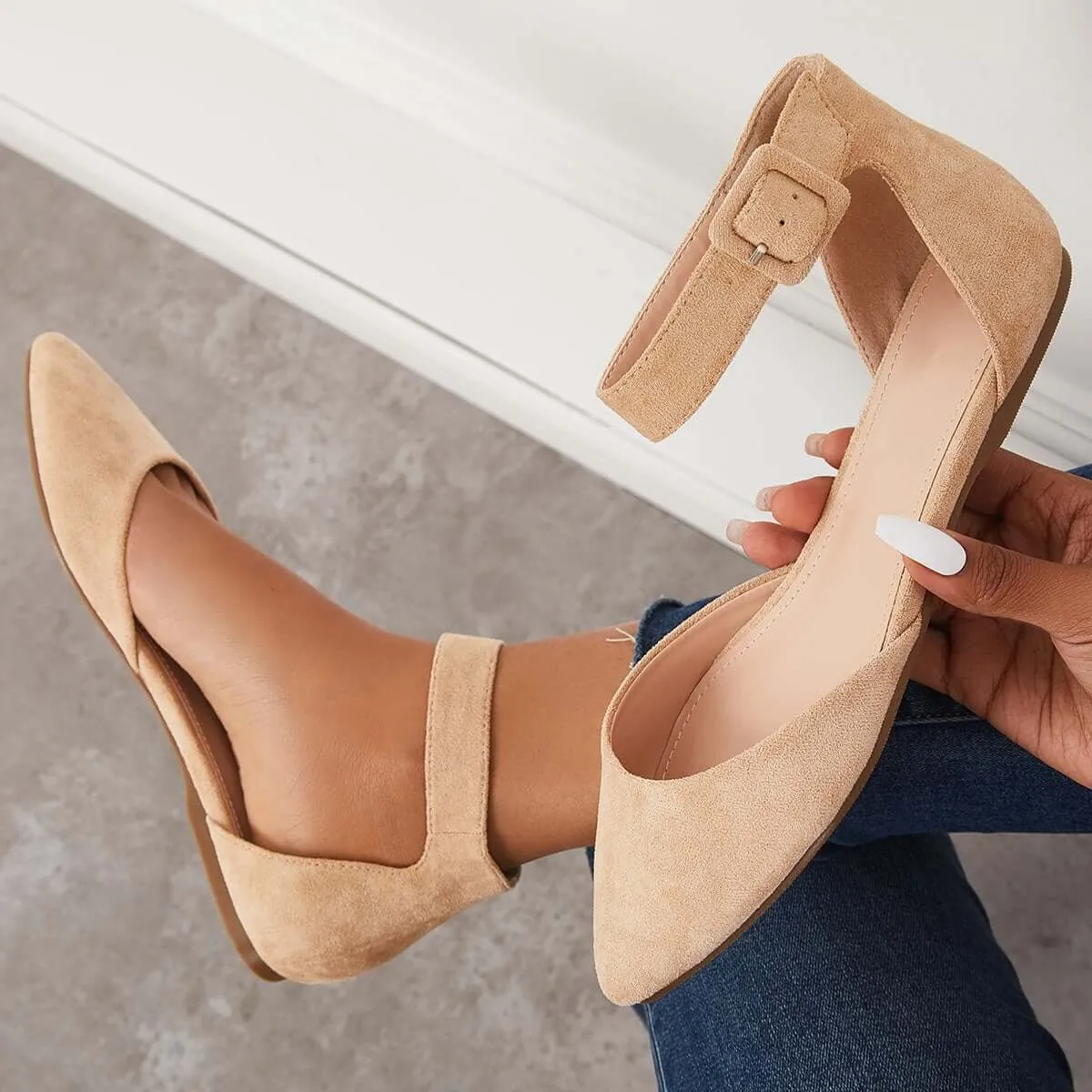 Pointed Toe Ankle Strap Flats Plain Ballet Shoes sold by Tinstree