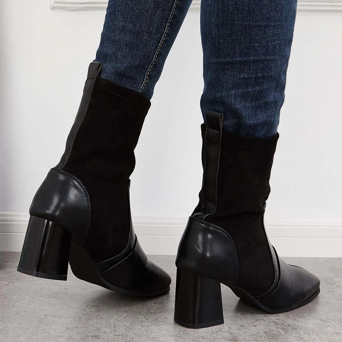 Black Stretch Square Toe Sock Boots Chunky Block Heel Booties sold by Tinstree product image thumbnail 3