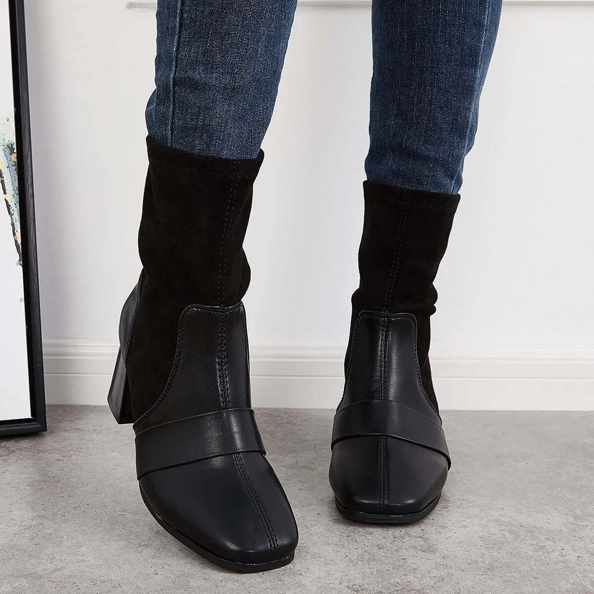 Black Stretch Square Toe Sock Boots Chunky Block Heel Booties sold by Tinstree product image thumbnail 2