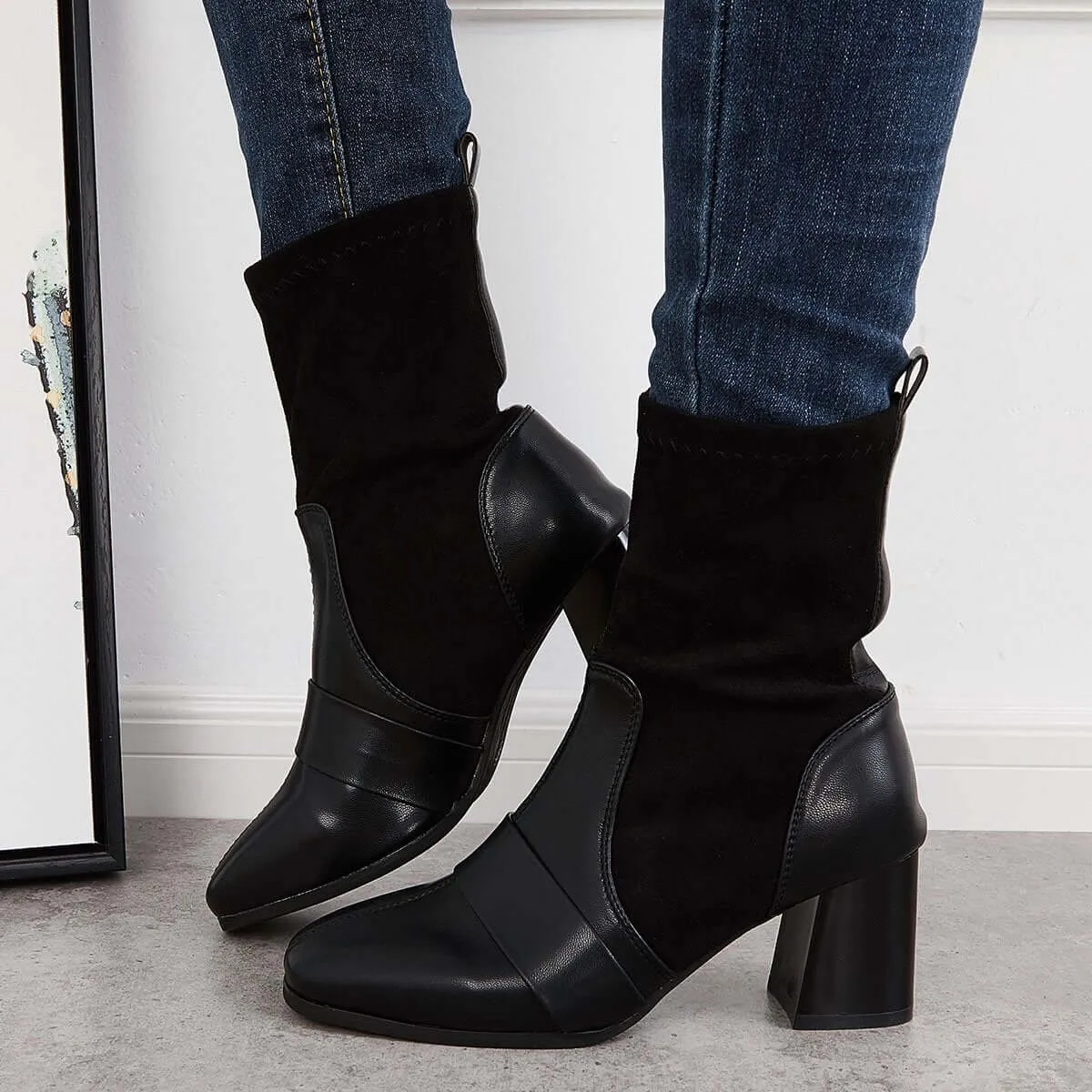 Black Stretch Square Toe Sock Boots Chunky Block Heel Booties sold by Tinstree