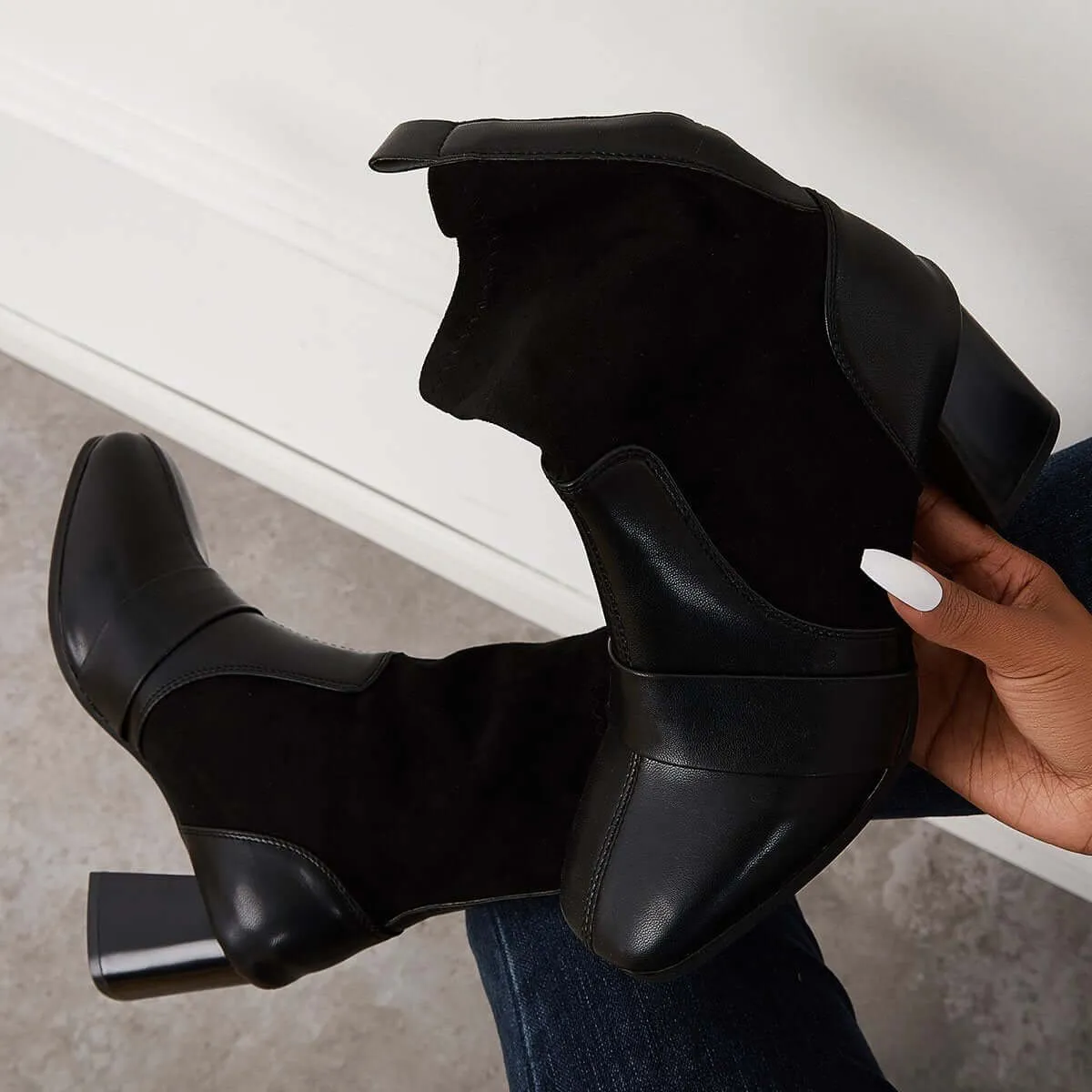 Black Stretch Square Toe Sock Boots Chunky Block Heel Booties sold by Tinstree product image thumbnail 5