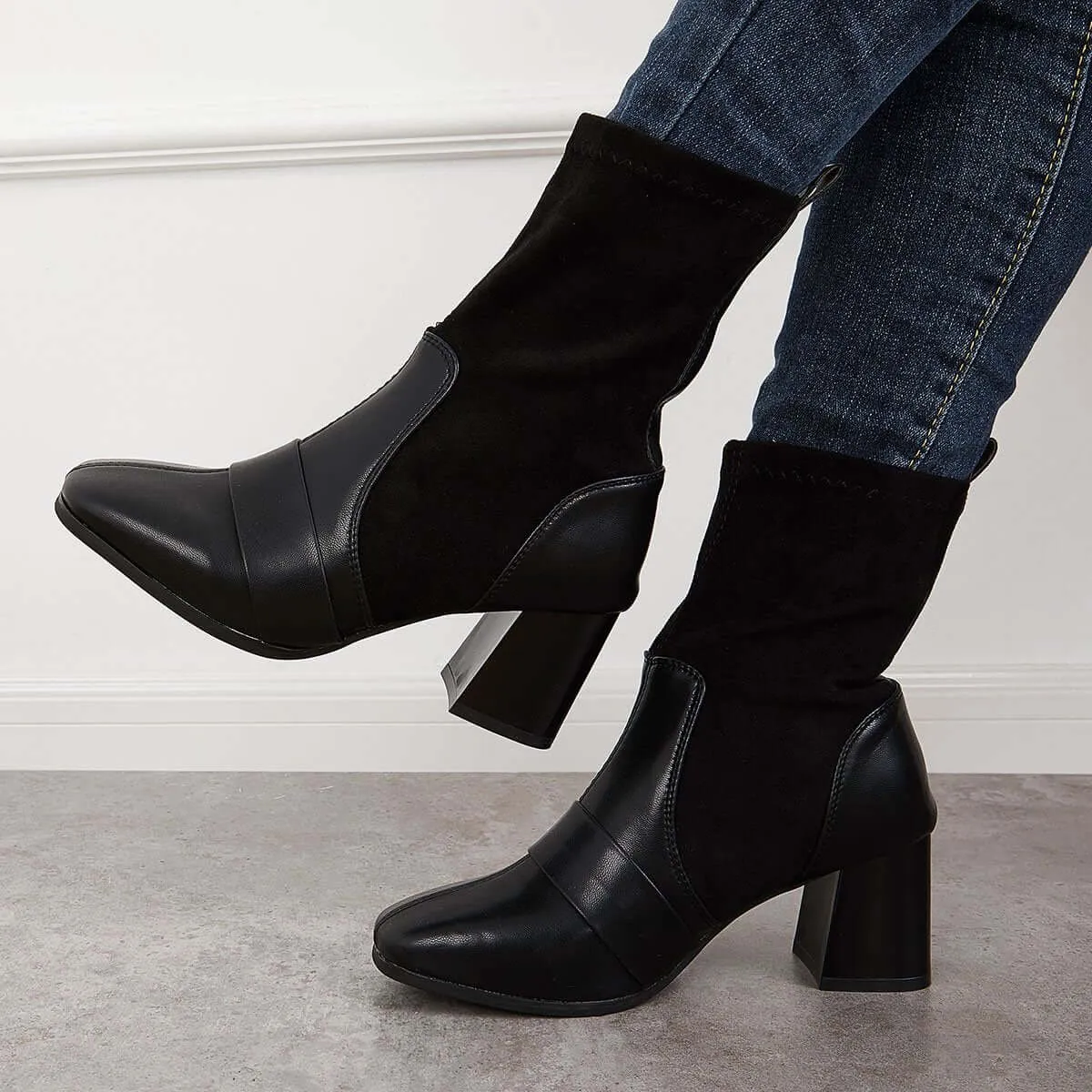 Black Stretch Square Toe Sock Boots Chunky Block Heel Booties sold by Tinstree product image thumbnail 4