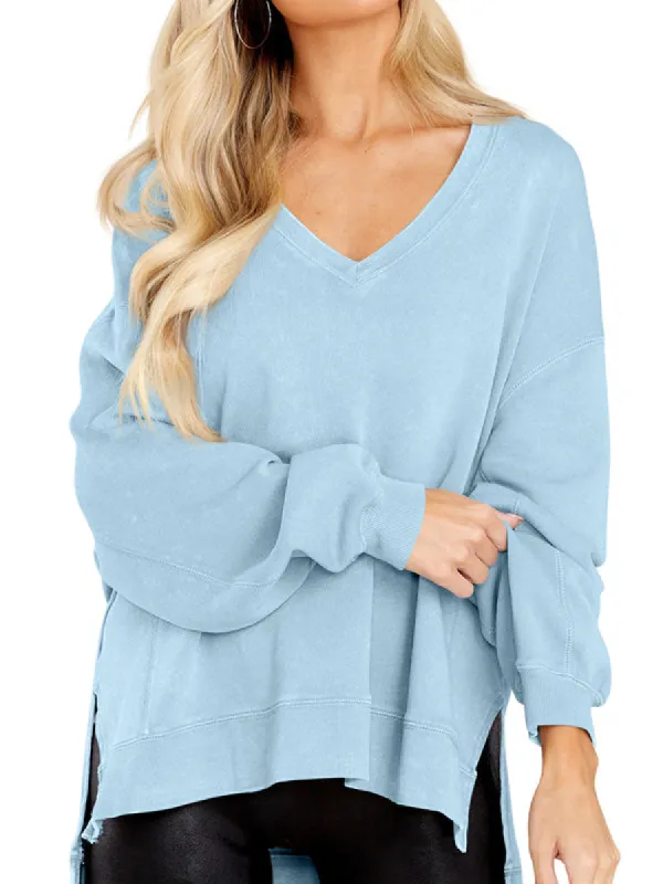Women V Neck Oversized Side Slit Batwing Sleeve Sweatshirts Long Sleeve Pullover Tops sold by Tinstree