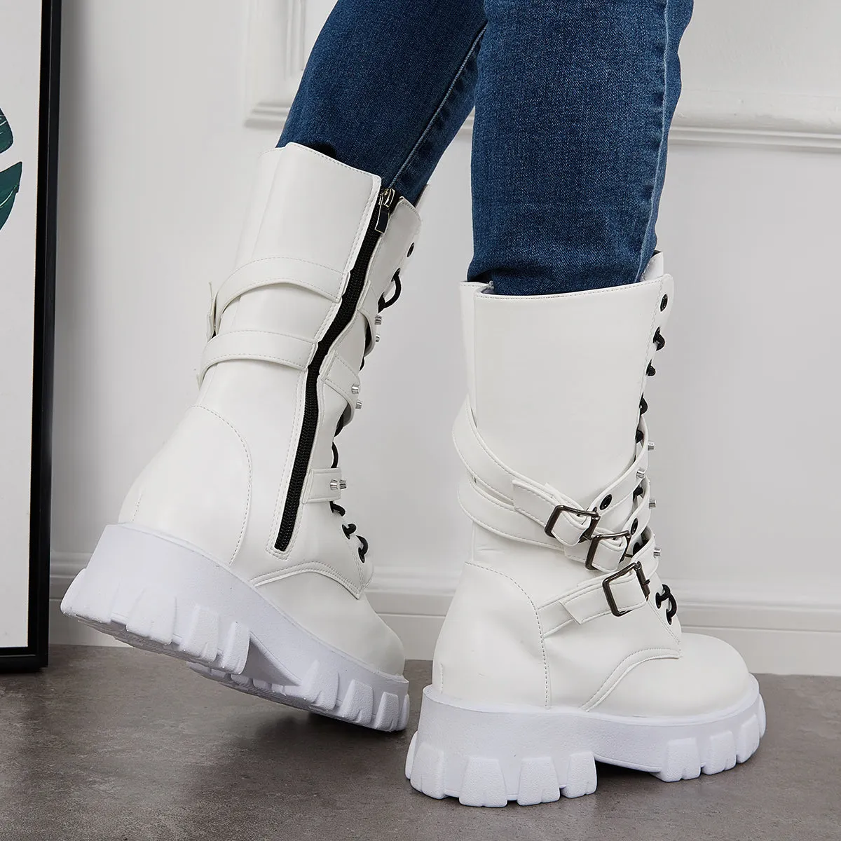 Goth Mid Calf Boots Punk Platform Chunky High Heel Booties sold by Tinstree product image thumbnail 4