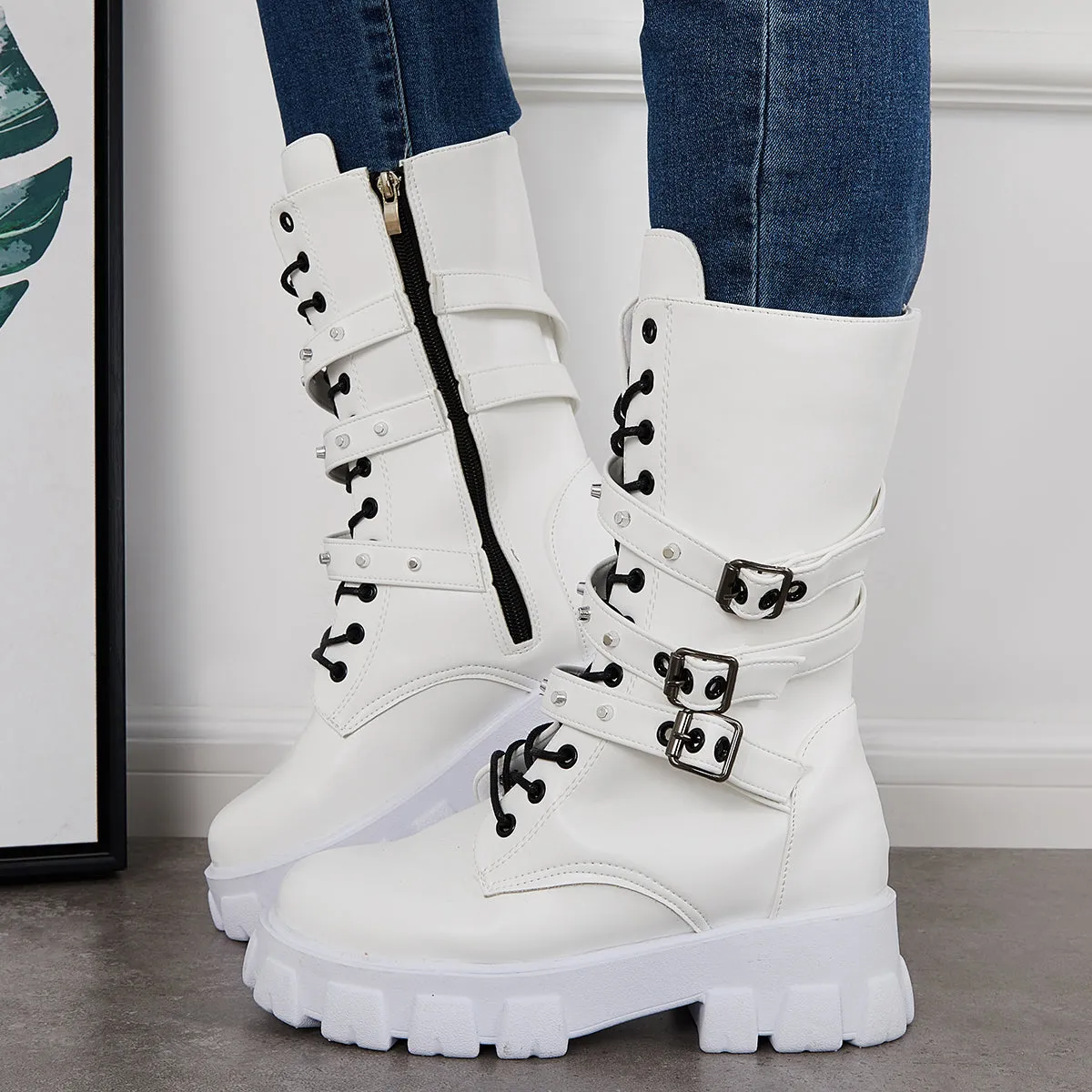 Goth Mid Calf Boots Punk Platform Chunky High Heel Booties sold by Tinstree product image thumbnail 3