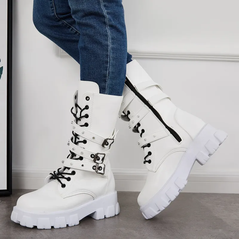 Goth Mid Calf Boots Punk Platform Chunky High Heel Booties sold by Tinstree