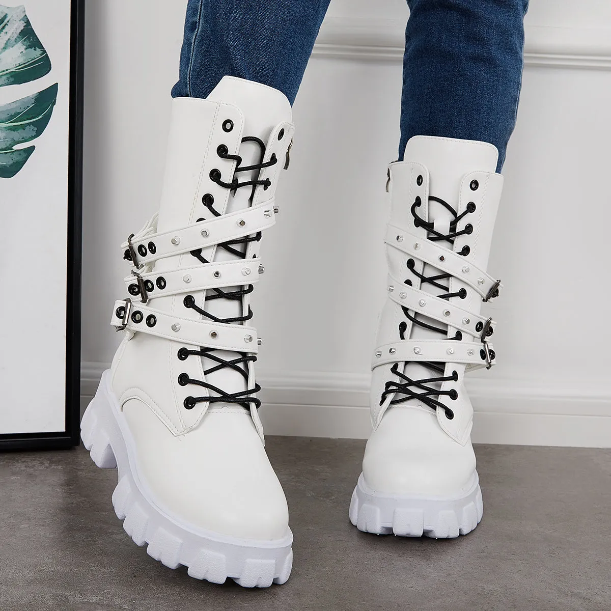 Goth Mid Calf Boots Punk Platform Chunky High Heel Booties sold by Tinstree product image thumbnail 2