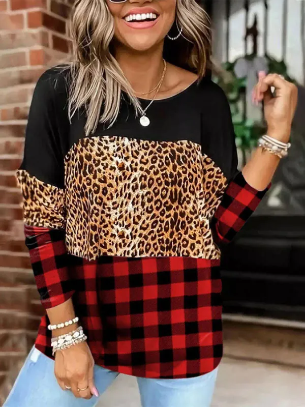 Women Loose Crewneck Leopard Sweatshirts Plaid Long Sleeve Casual Pullover Tops sold by Tinstree