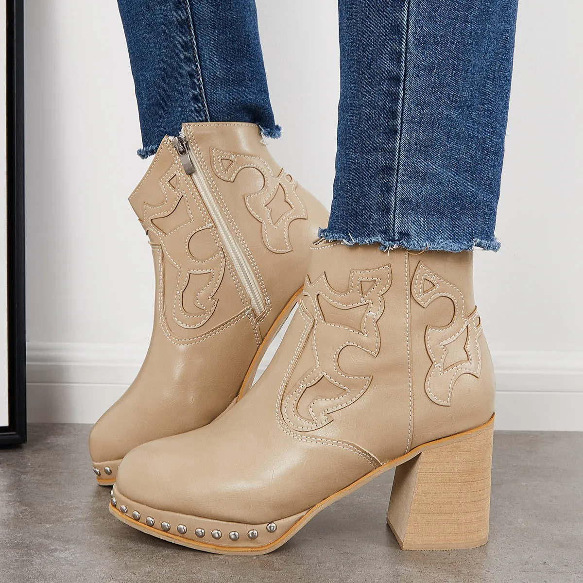 Embroidery Rivet Platform Chunky Heel Booties Western Cowgirl Ankle Boots sold by Tinstree