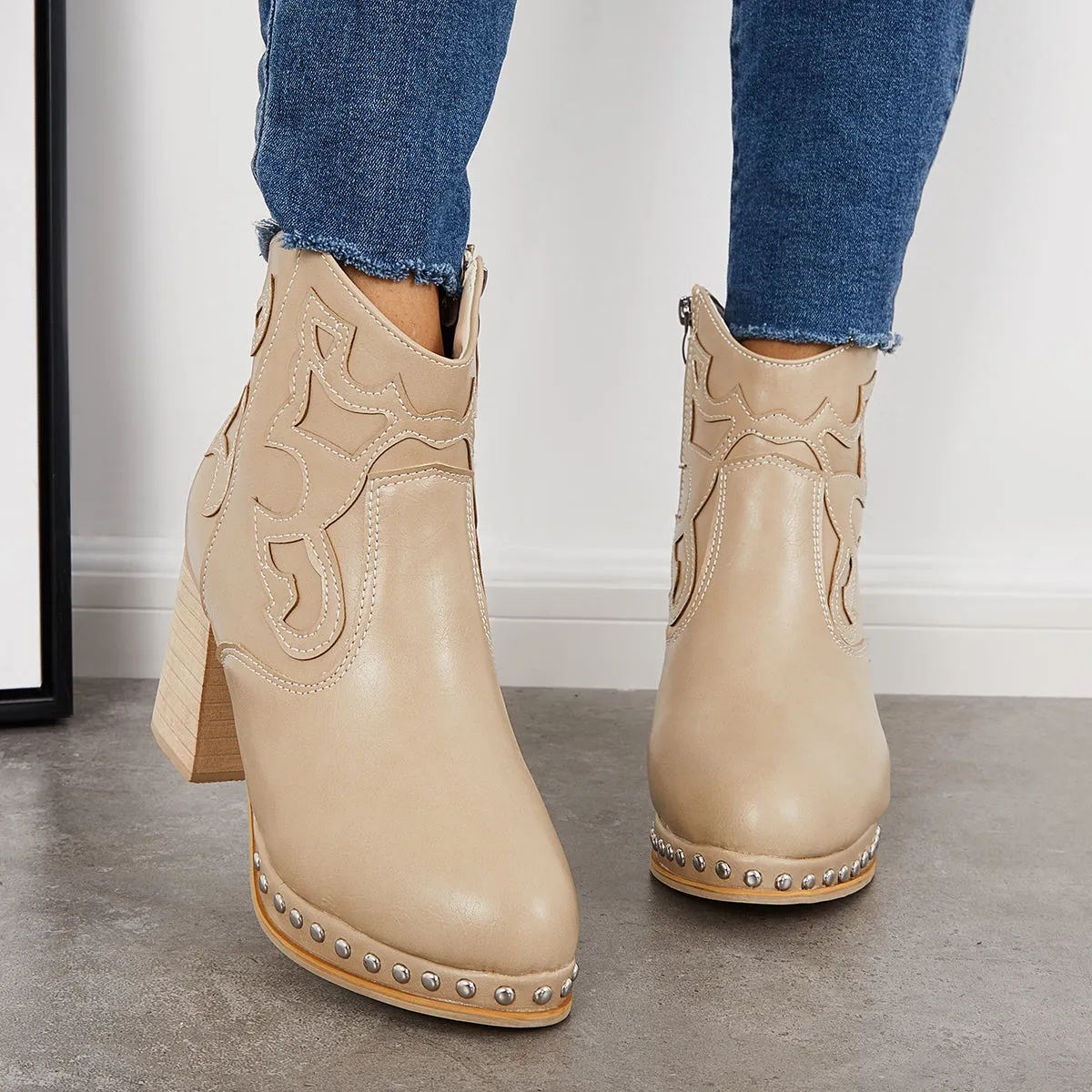 Embroidery Rivet Platform Chunky Heel Booties Western Cowgirl Ankle Boots sold by Tinstree product image thumbnail 2