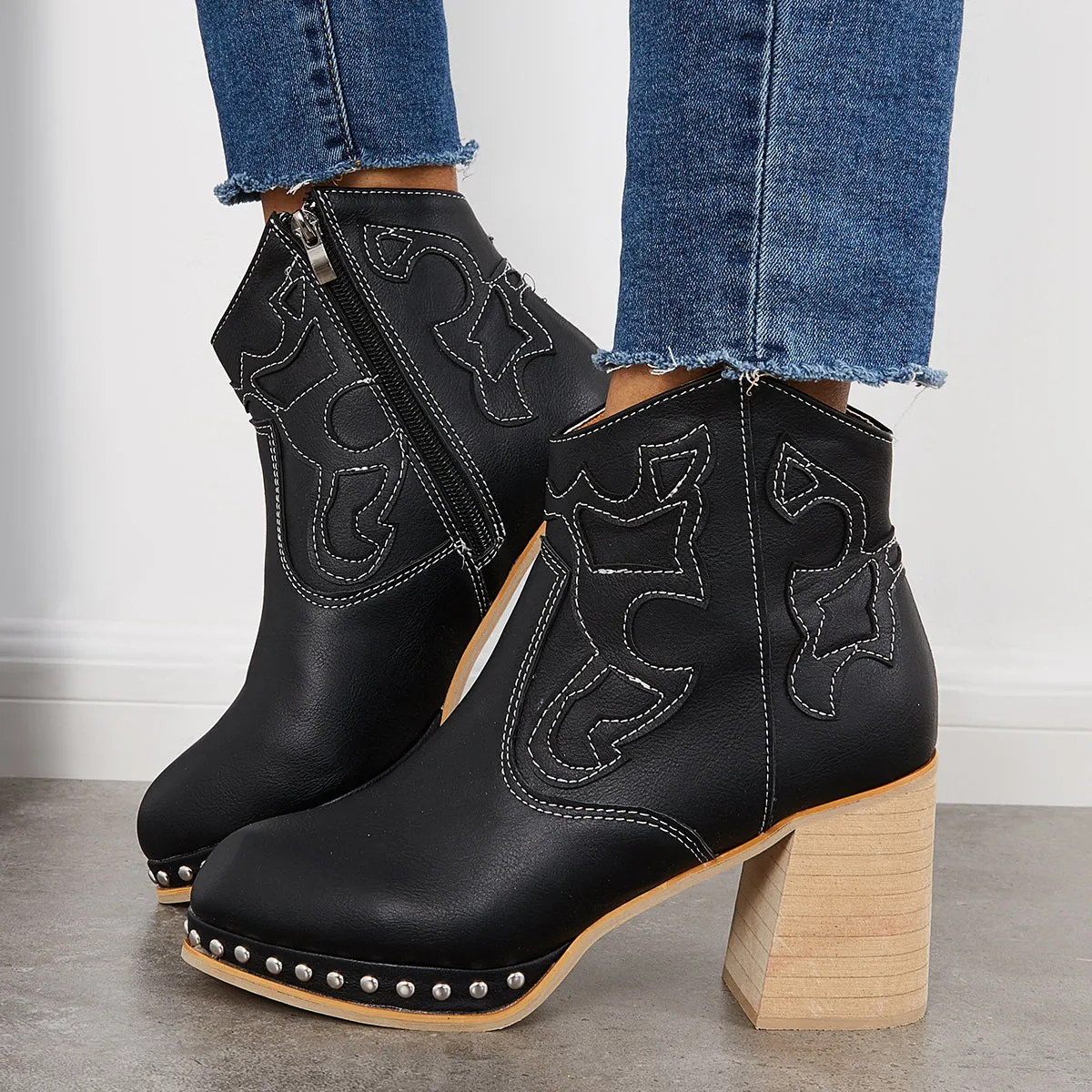 Embroidery Rivet Platform Chunky Heel Booties Western Cowgirl Ankle Boots sold by Tinstree product image thumbnail 5