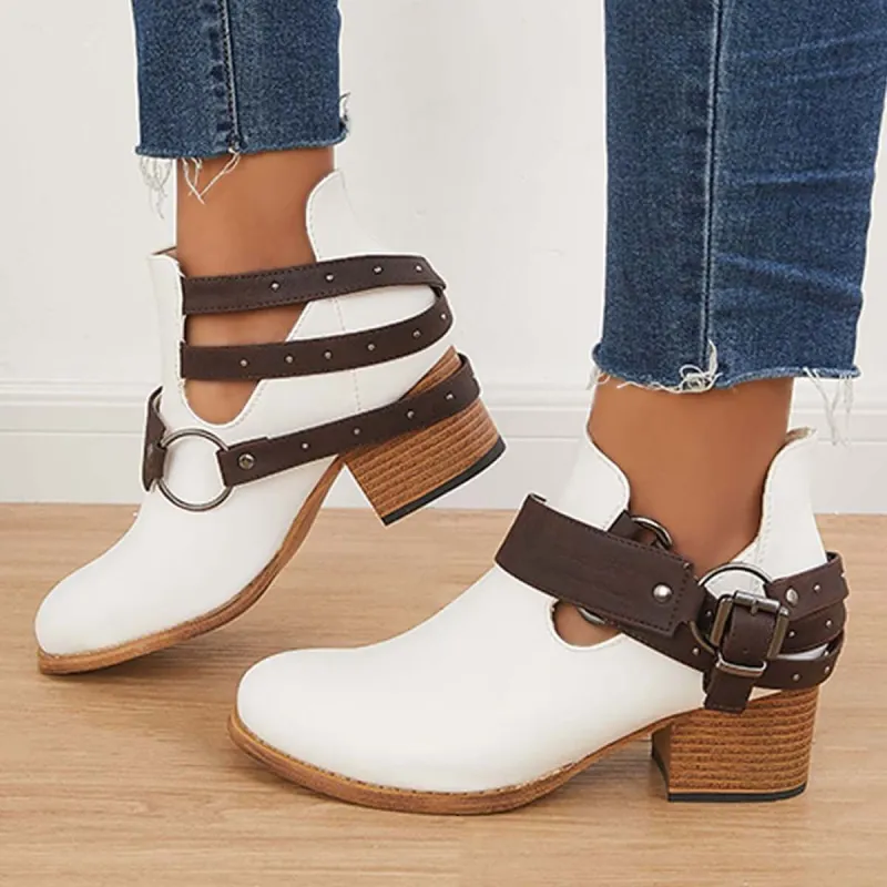 Retro Western Cowgirl Ankle Boots Low Chunky Heel Booties sold by Tinstree