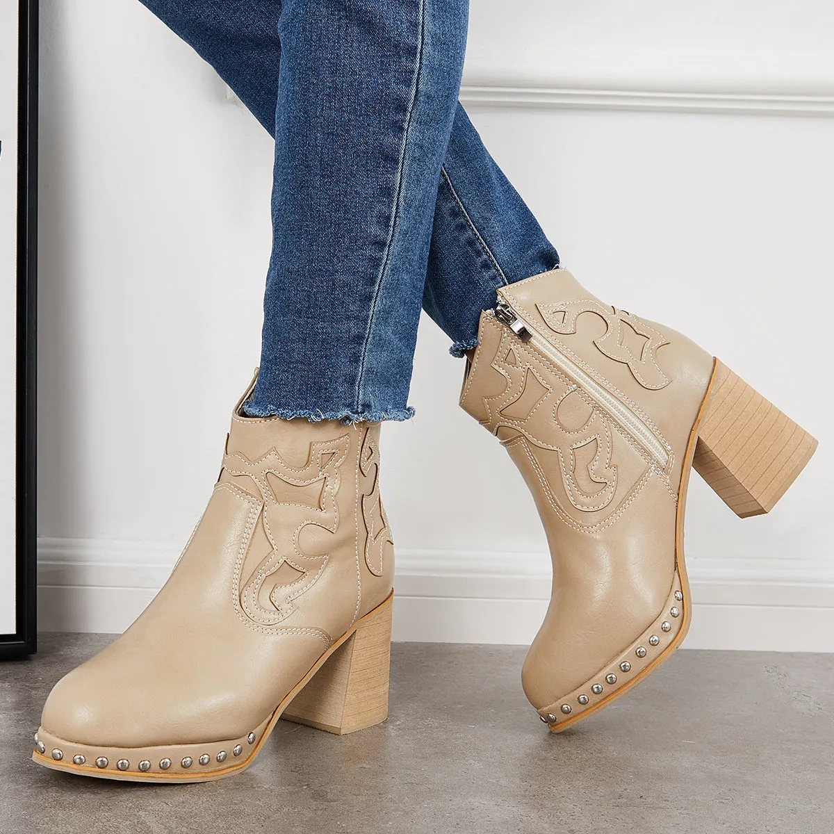 Embroidery Rivet Platform Chunky Heel Booties Western Cowgirl Ankle Boots sold by Tinstree product image thumbnail 3