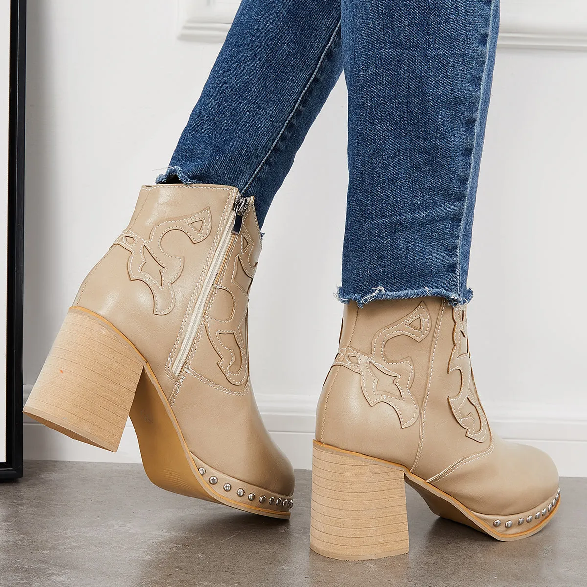 Embroidery Rivet Platform Chunky Heel Booties Western Cowgirl Ankle Boots sold by Tinstree product image thumbnail 4
