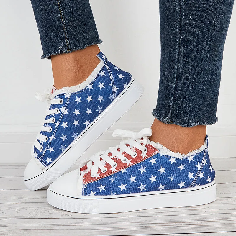 Star Print Low Top Canvas Sneakers Lace Up Flat Shoes sold by Tinstree