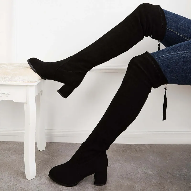 Black Stretchy Over The Knee Boots Chunky Block Heel Long Boots sold by Tinstree