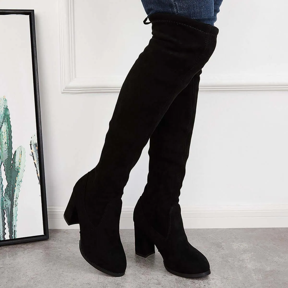 Black Stretchy Over The Knee Boots Chunky Block Heel Long Boots sold by Tinstree product image thumbnail 5