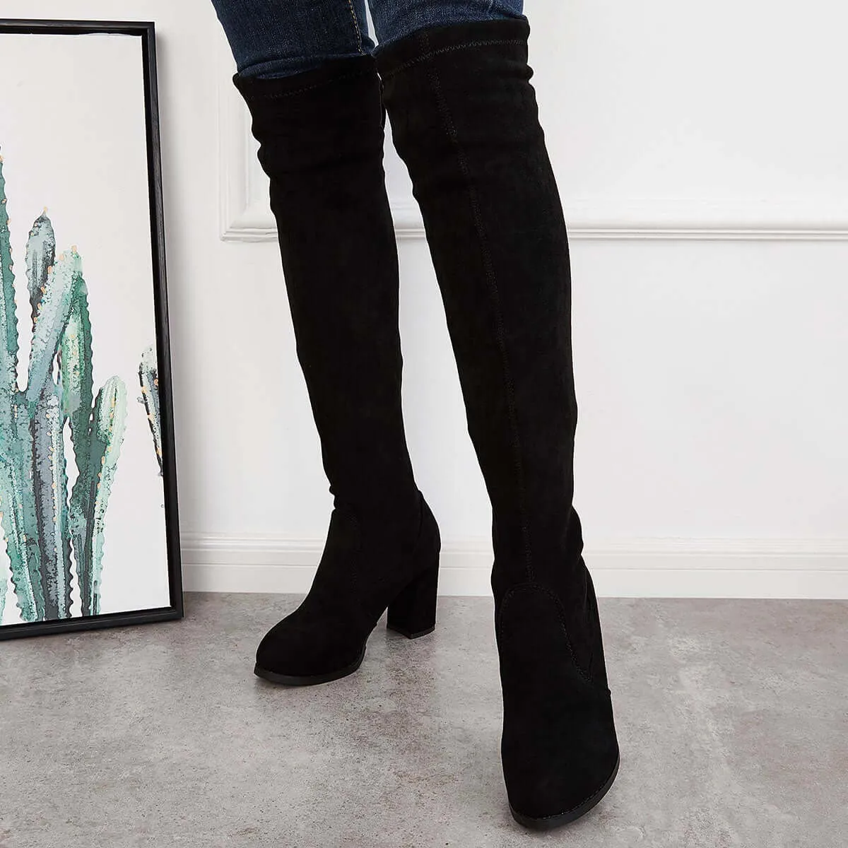 Black Stretchy Over The Knee Boots Chunky Block Heel Long Boots sold by Tinstree product image thumbnail 4