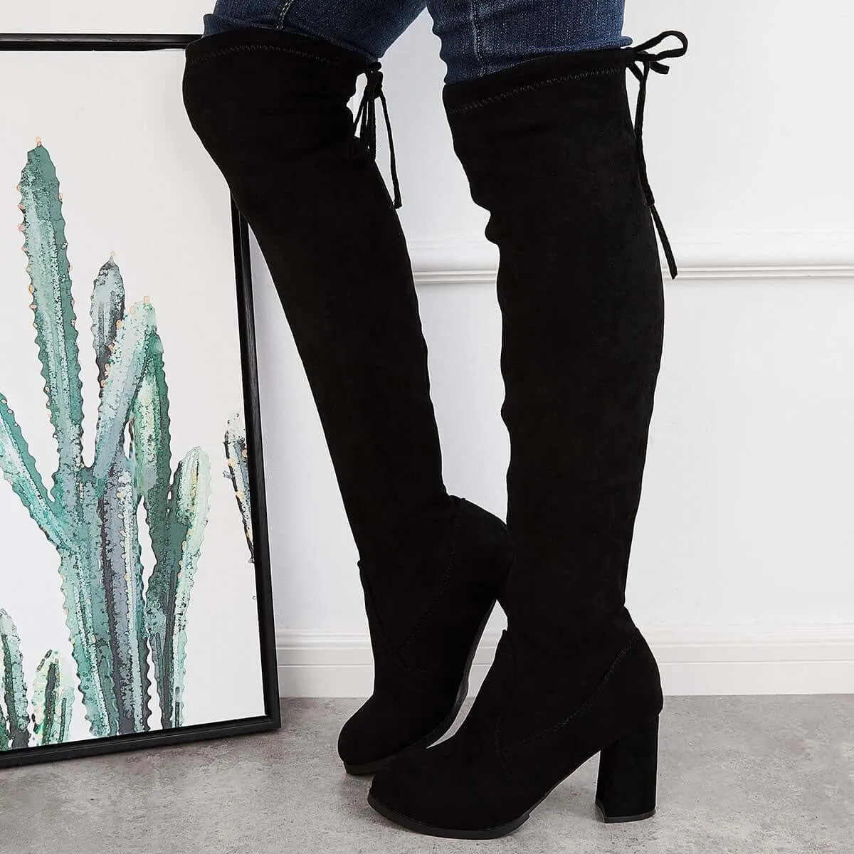 Black Stretchy Over The Knee Boots Chunky Block Heel Long Boots sold by Tinstree product image thumbnail 3