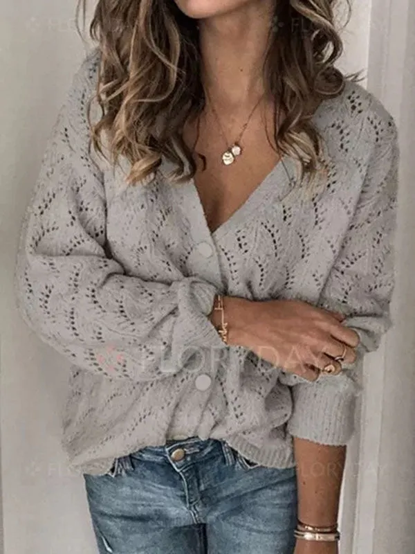 Women V Neck Knit Sweaters Button Long Sleeve Cut Out Casual Loose Cardigan sold by Tinstree product image thumbnail 2