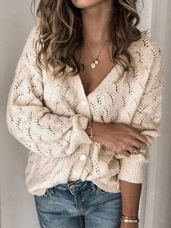Women V Neck Knit Sweaters Button Long Sleeve Cut Out Casual Loose Cardigan sold by Tinstree product image thumbnail 3