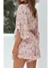 Womens Rompers Baggy Sleeve Jumpsuits Floral Print V Neck Elastic Waist Tie Front Playsuit Ruffle Short Dresses sold by Tinstree