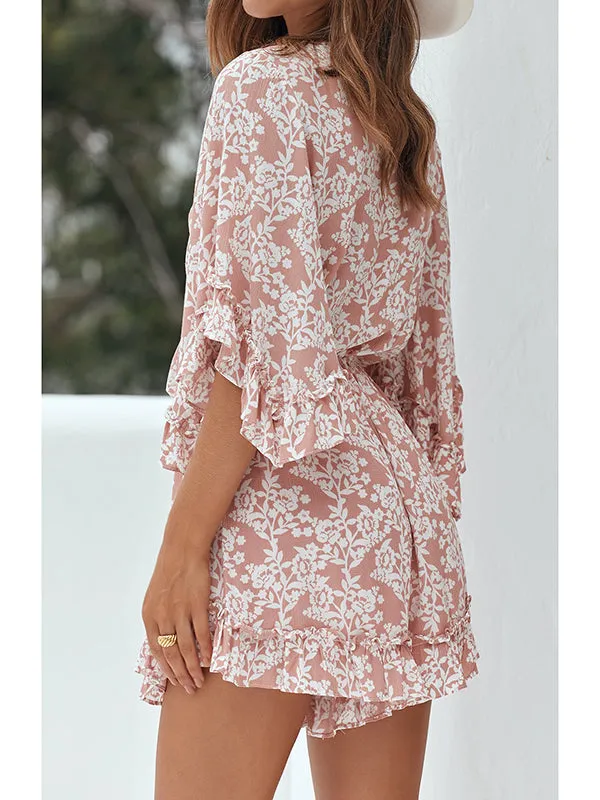 Womens Rompers Baggy Sleeve Jumpsuits Floral Print V Neck Elastic Waist Tie Front Playsuit Ruffle Short Dresses sold by Tinstree product image thumbnail 4