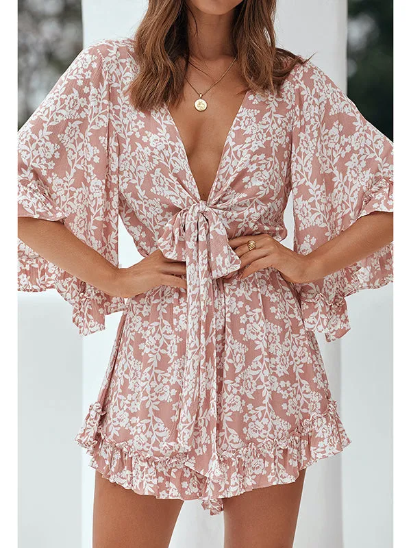 Womens Rompers Baggy Sleeve Jumpsuits Floral Print V Neck Elastic Waist Tie Front Playsuit Ruffle Short Dresses sold by Tinstree