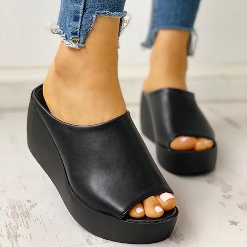 Chunky Platform Wedges Peep Toe Backless Mule Slide Sandals sold by Tinstree