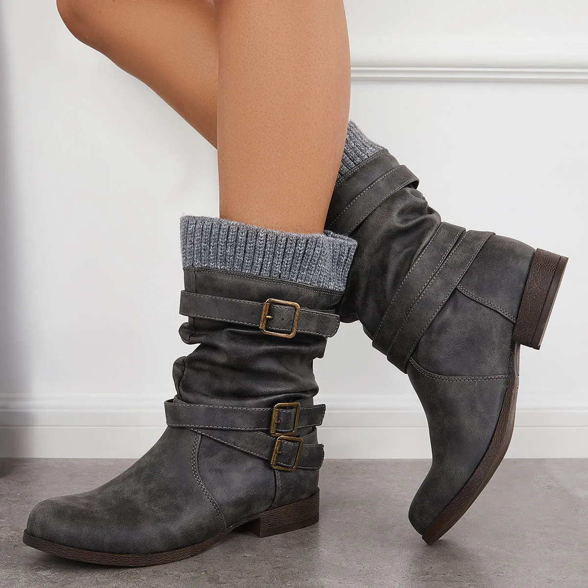 Winter Slouchy Mid Calf Boots Chunky Block Heel Riding Booties sold by Tinstree product image thumbnail 3