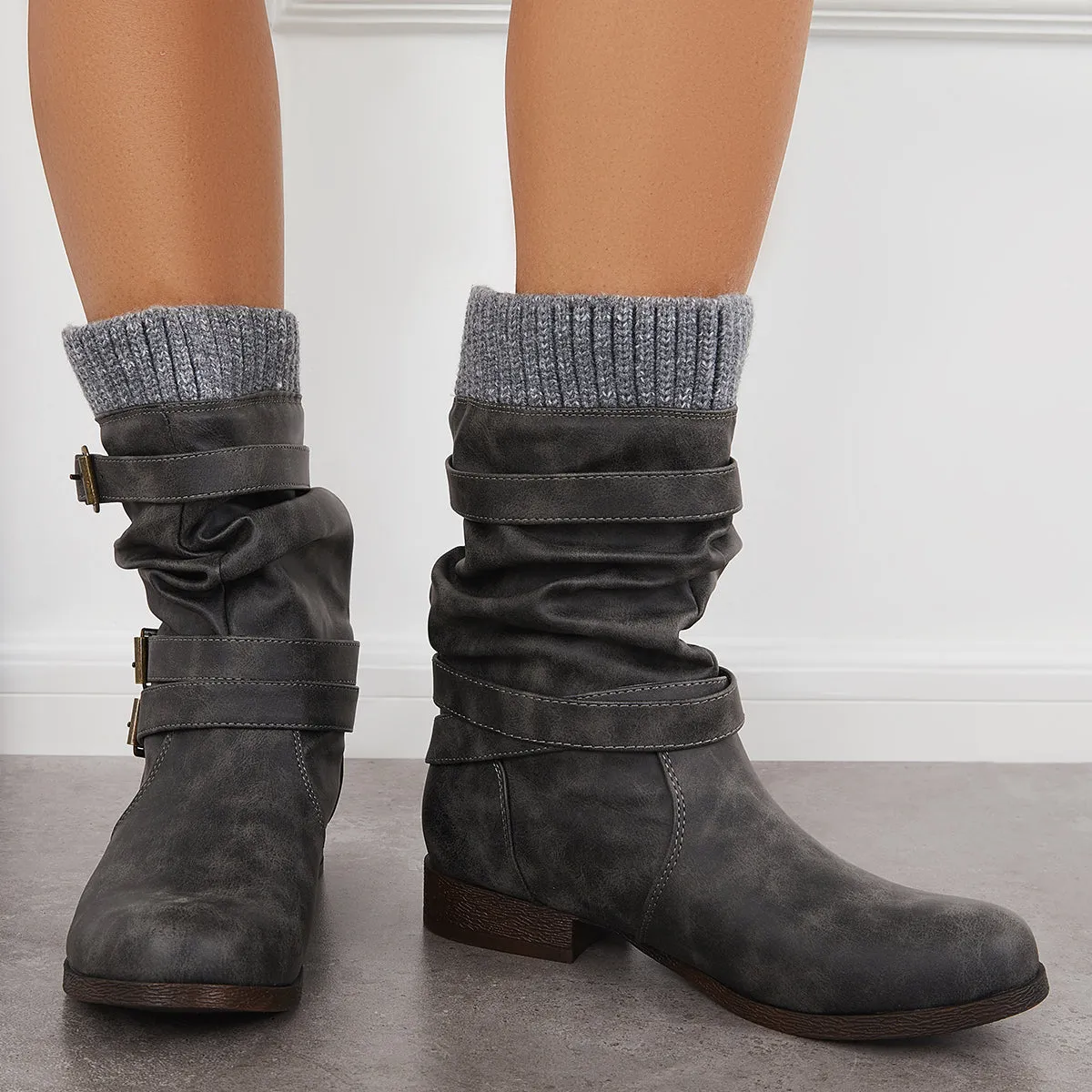 Winter Slouchy Mid Calf Boots Chunky Block Heel Riding Booties sold by Tinstree product image thumbnail 5