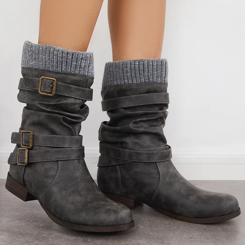Winter Slouchy Mid Calf Boots Chunky Block Heel Riding Booties sold by Tinstree