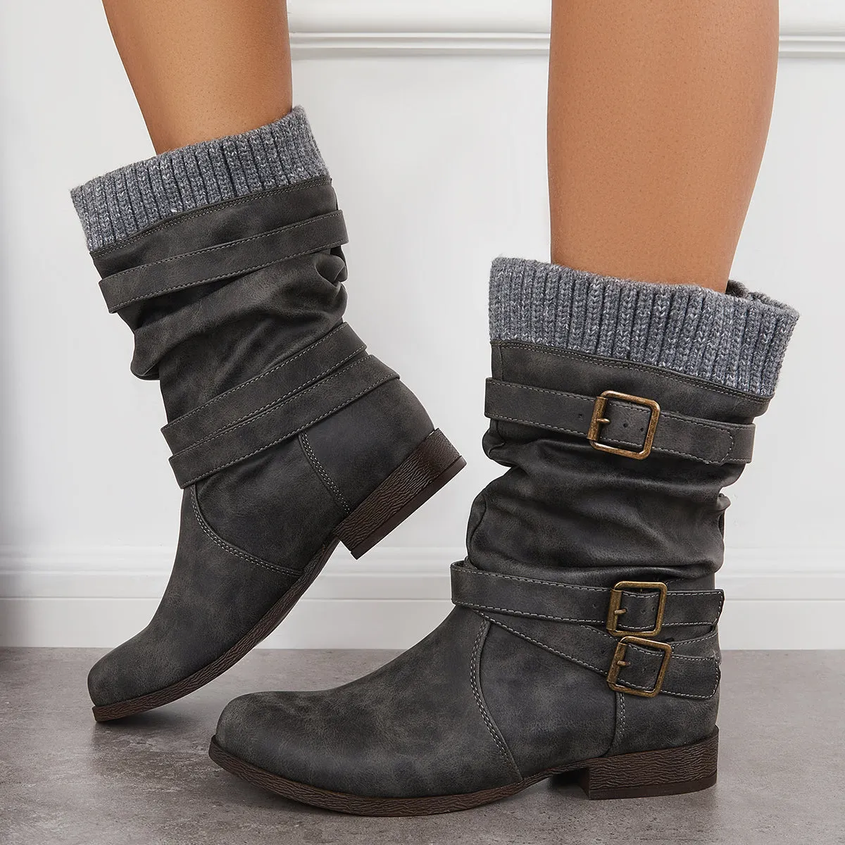 Winter Slouchy Mid Calf Boots Chunky Block Heel Riding Booties sold by Tinstree product image thumbnail 2
