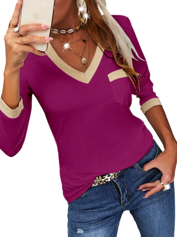 Women Long Sleeve Slim Fit T-Shirts V Neck Knit Ribbed Henley Shirt Tops sold by Tinstree