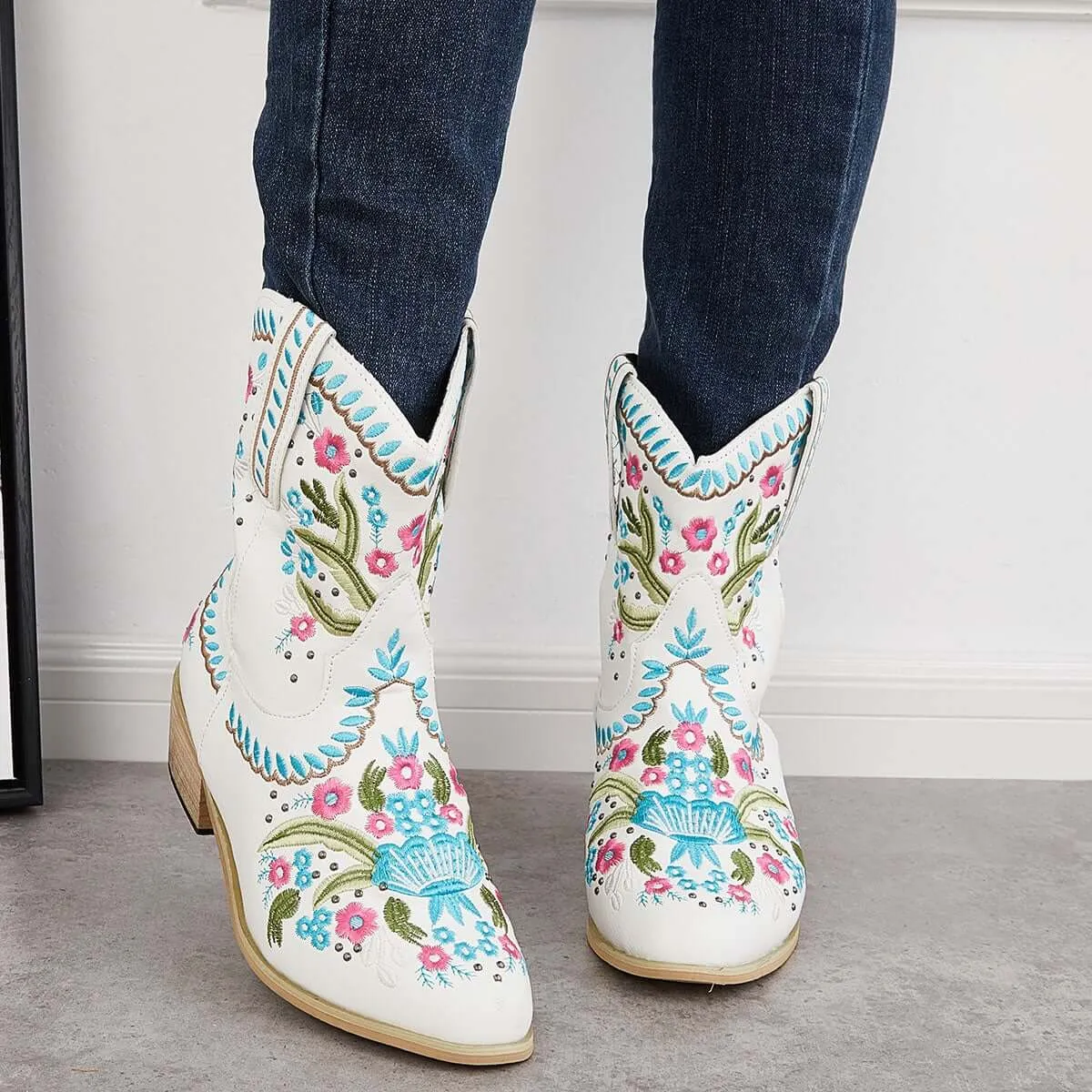 Retro Western Embroidery Ankle Cowgirl Boots Pull on Short Booties sold by Tinstree product image thumbnail 2