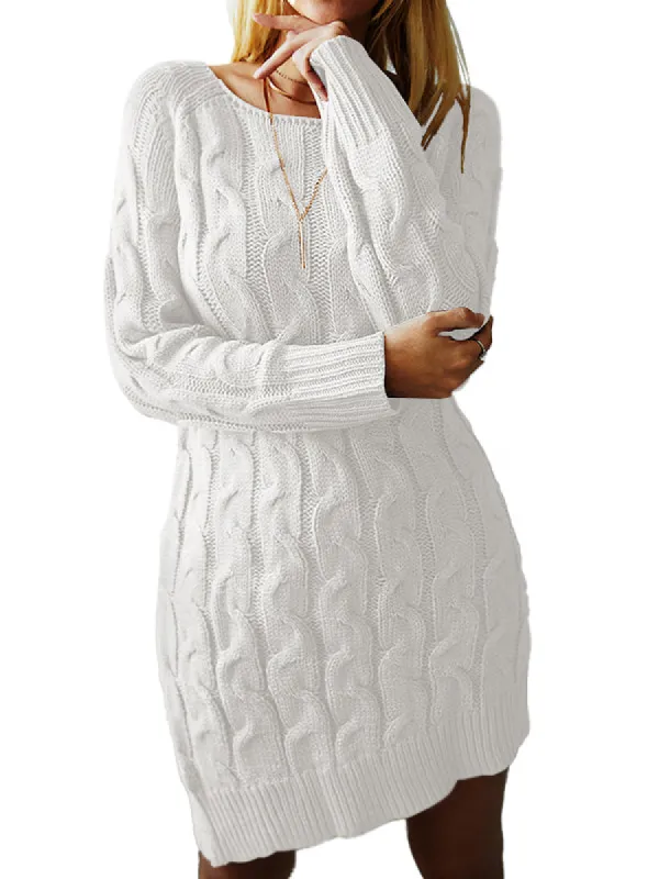 Women Crewneck Long Sleeve Cable Knit Chunky Pullover Fall Winter Sweater Dress sold by Tinstree