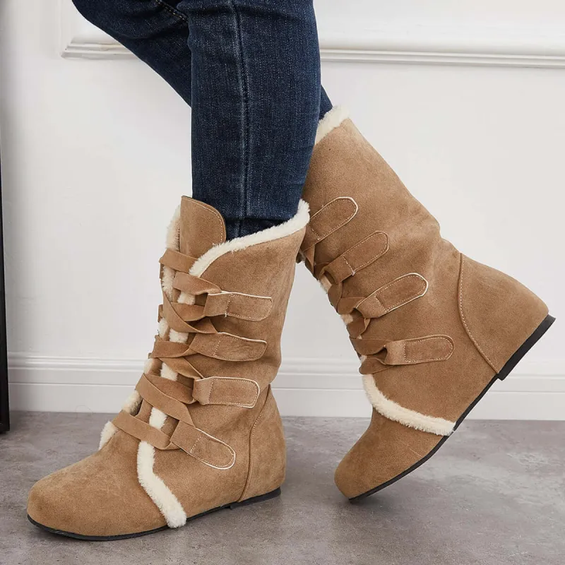 Warm Fur Mid Calf Snow Boots Wide Calf Hidden Wedge Boots sold by Tinstree
