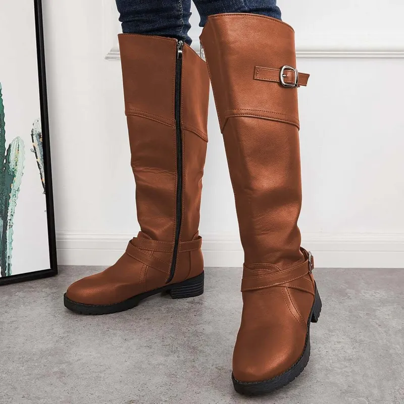 Round Toe Western Knee High Riding Boots Wide Calf Boots sold by Tinstree