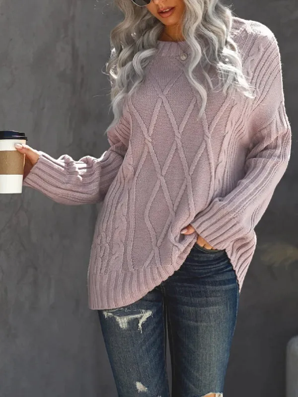 Women Crewneck Long Sleeve Sweaters Loose Cable Knit Pullover Sweater sold by Tinstree