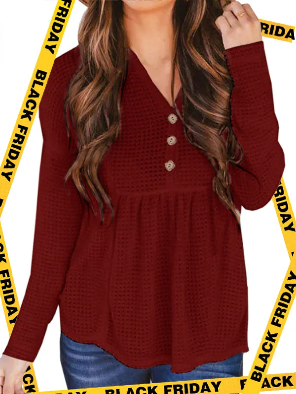 Women Waffle Knit V Neck Tunic Solid Color Tops Long Sleeve Button Shirts sold by Tinstree