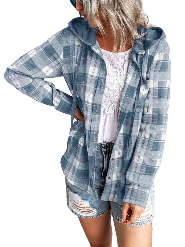 Womens Long Sleeve Plaid Hoodie Jacket Button Down Casual Blouse Shirts Tops sold by Tinstree product image thumbnail 4