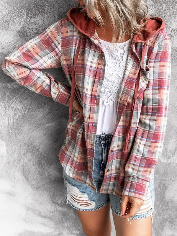 Womens Long Sleeve Plaid Hoodie Jacket Button Down Casual Blouse Shirts Tops sold by Tinstree