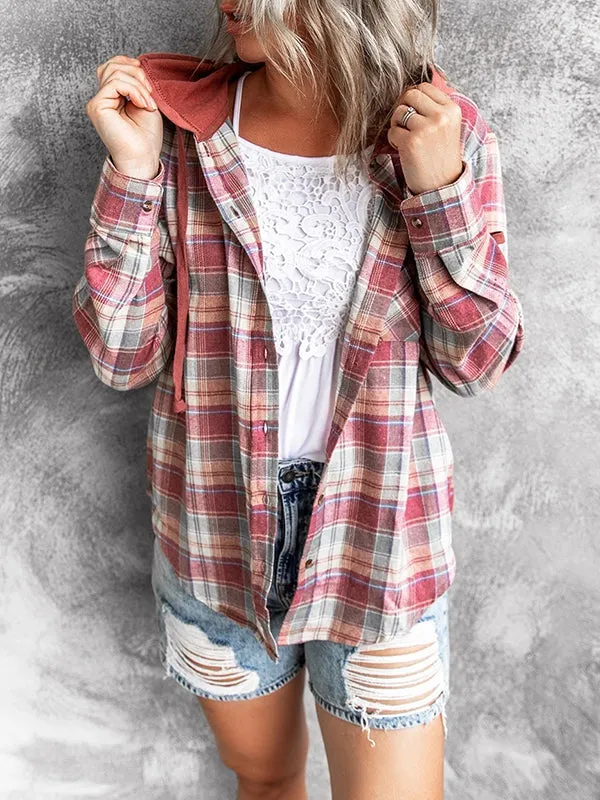 Womens Long Sleeve Plaid Hoodie Jacket Button Down Casual Blouse Shirts Tops sold by Tinstree product image thumbnail 2