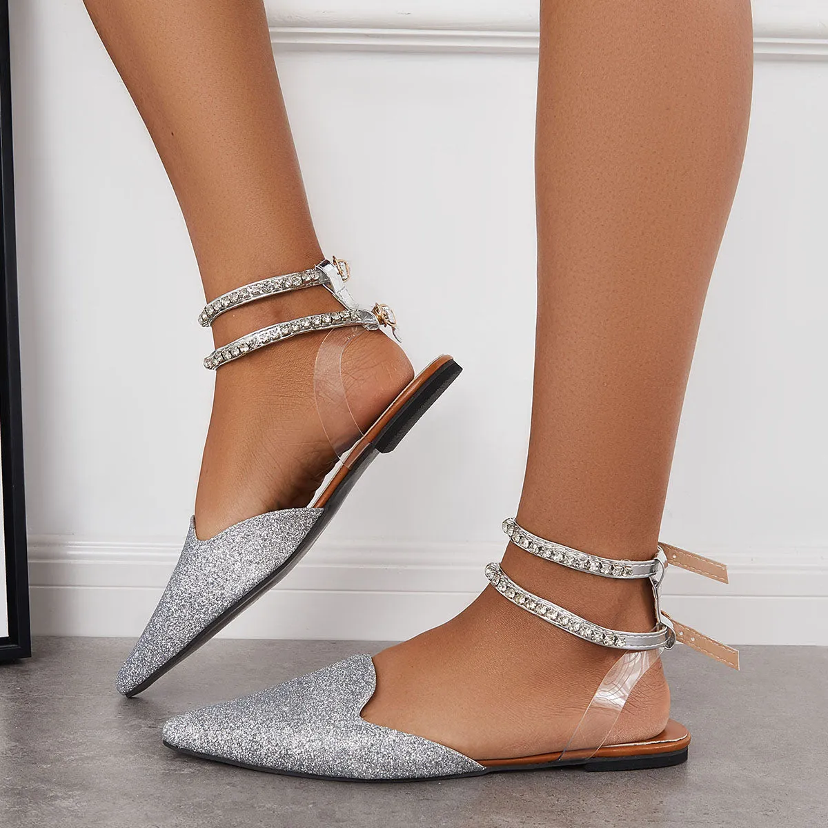 Shiny Pointed Toe Rhinestone Chains Ankle Strap Slingback Flats sold by Tinstree product image thumbnail 2