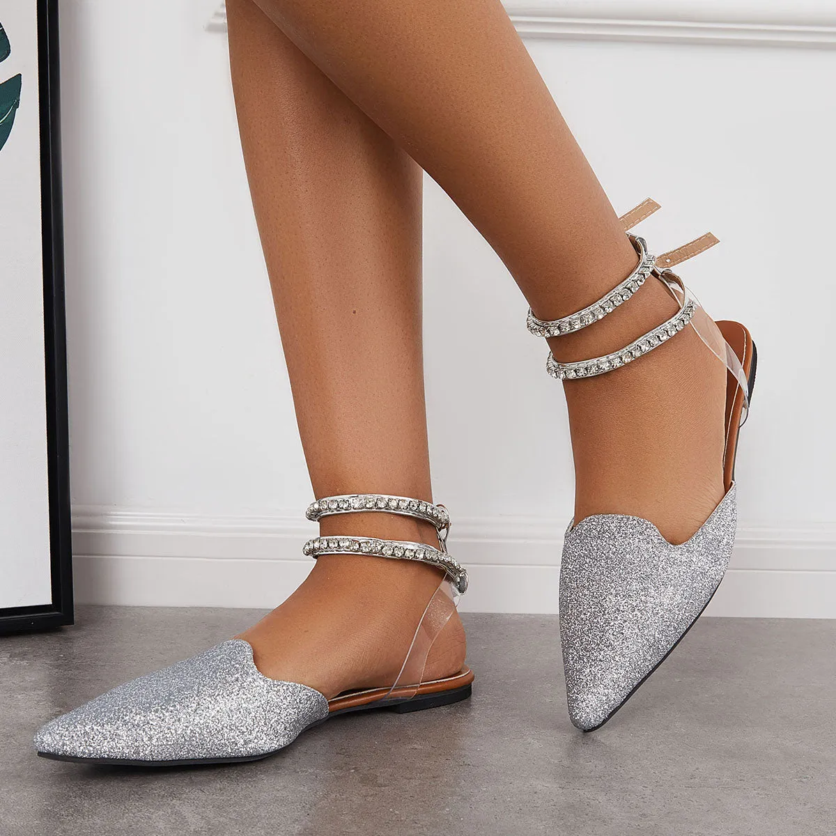 Shiny Pointed Toe Rhinestone Chains Ankle Strap Slingback Flats sold by Tinstree product image thumbnail 4